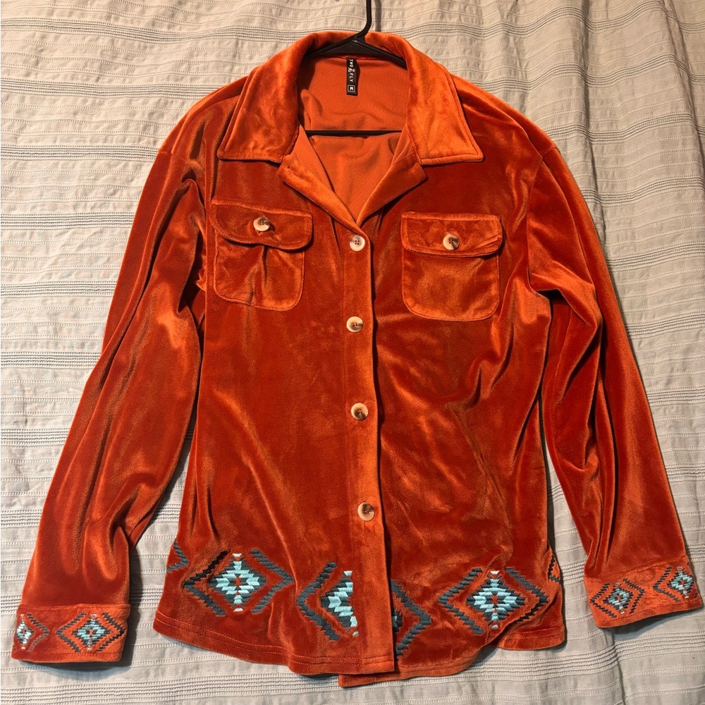 Two Fly Orange Velvet Jacket with Embroidery